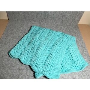 Vintage 80s Handmade Crochet Baby‎ Blanket – Turquoise – 32x32